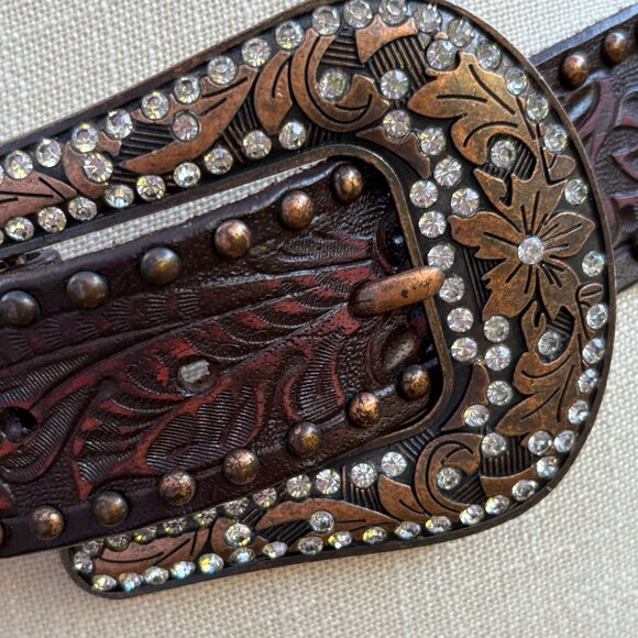 Western Tooled Leather Rhinestone Buckle Belt Brown Studded Small - Picture 2 of 8